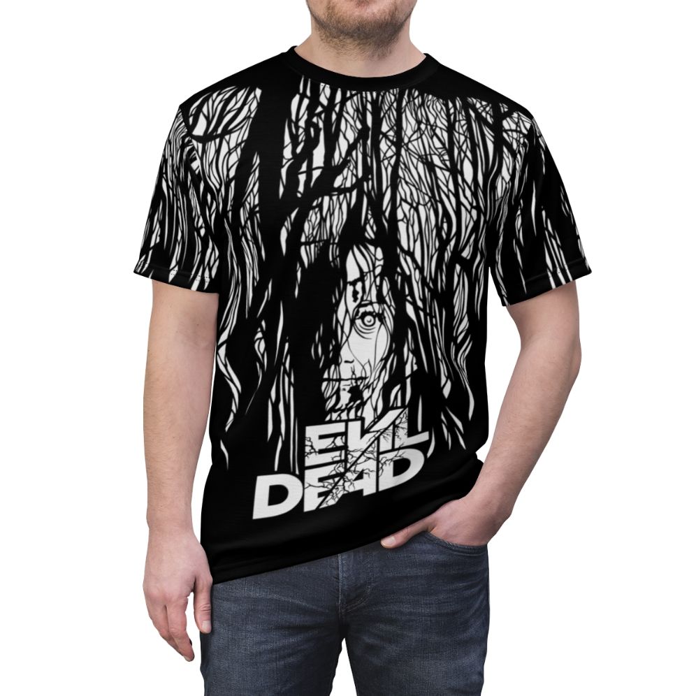 Frightening t-shirt design featuring the Evil Dead movie logo and imagery - men front