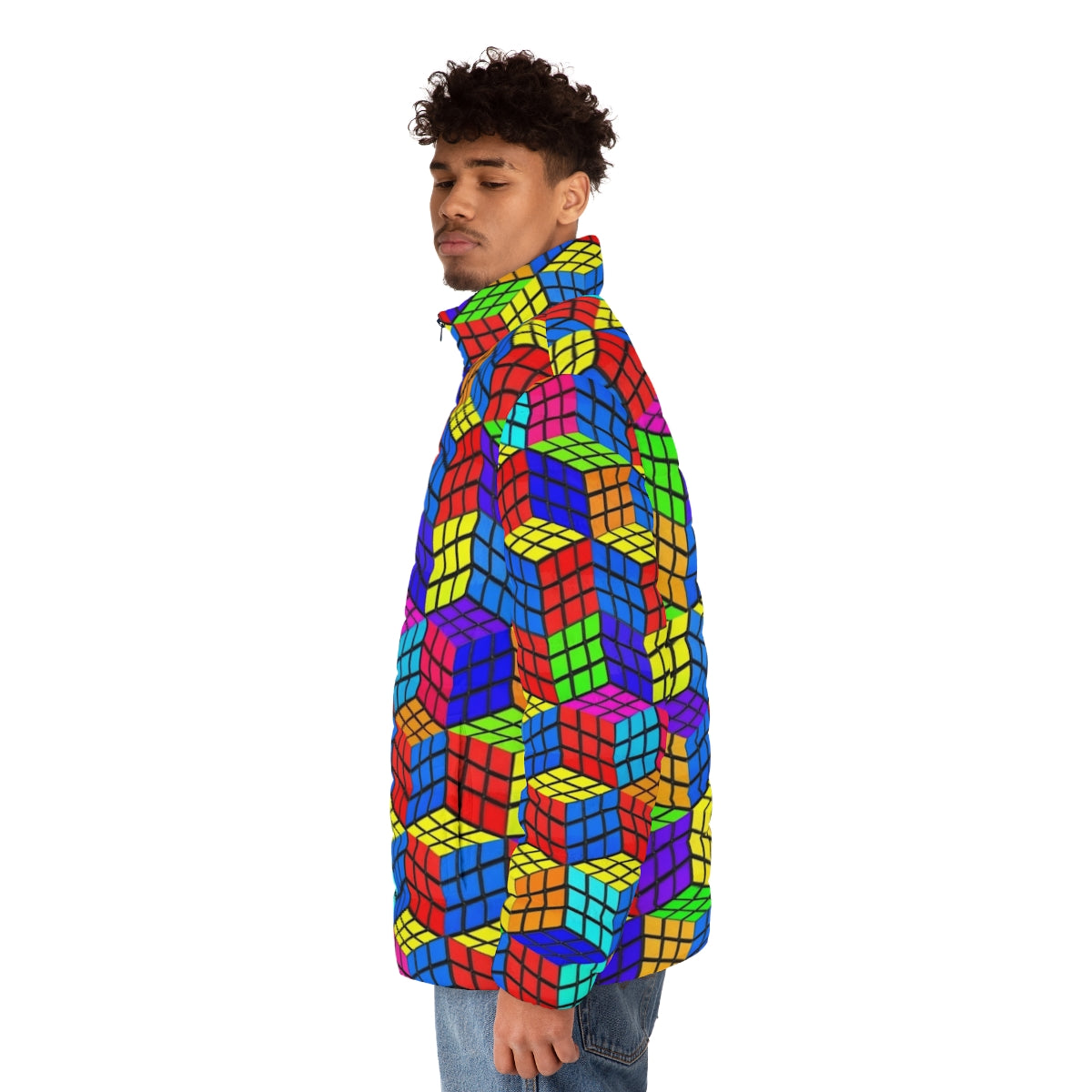 Rubik's Illusion 3D Puffer Jacket - Bright, Geometric and Abstract Design - men side left