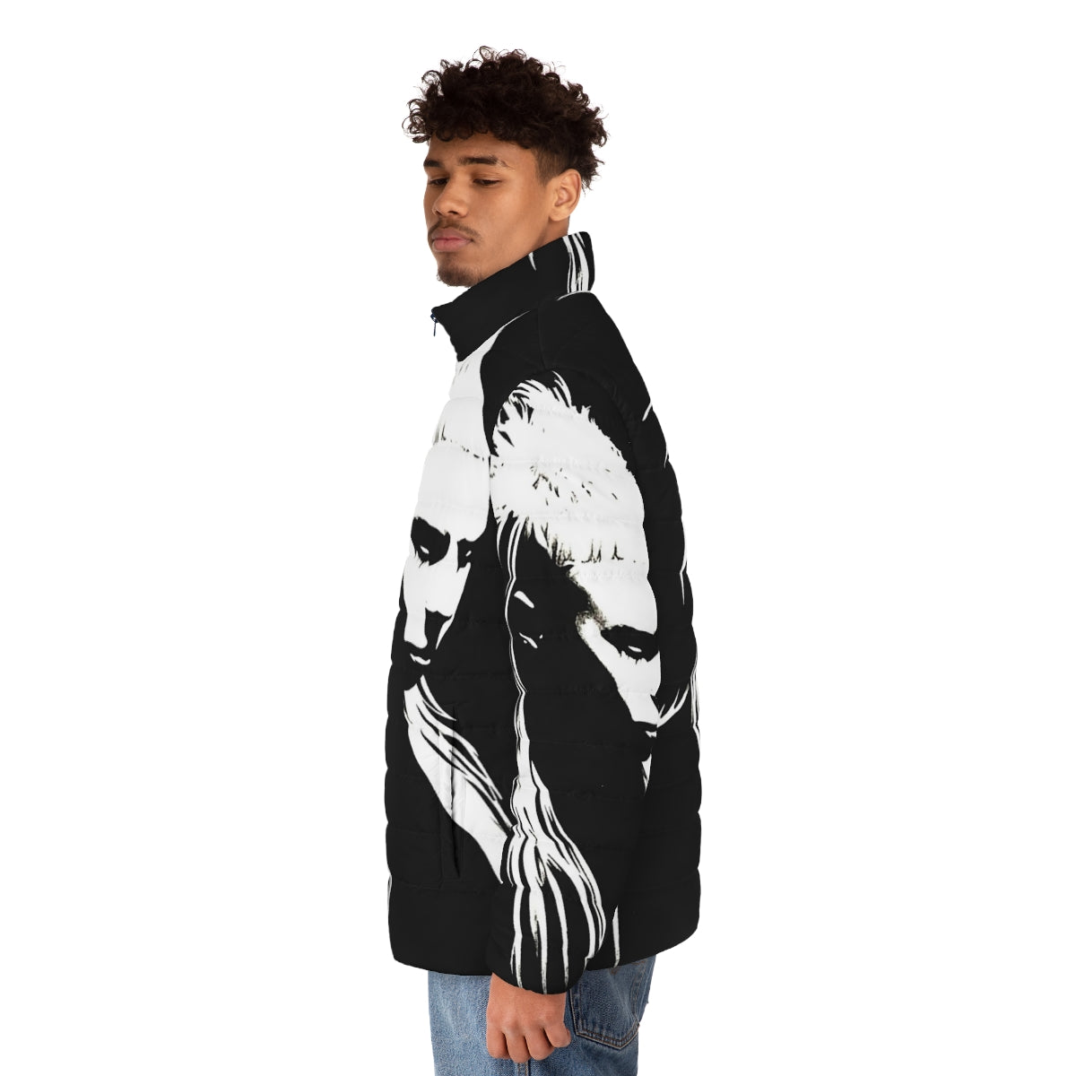 Die Antwoord Yolandi Visser Puffer Jacket with black and white portrait drawing - men side left