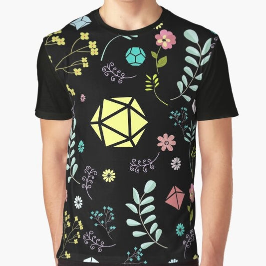 Dungeons & Dragons polyhedral dice set with flowers, plants, and succulents graphic on t-shirt