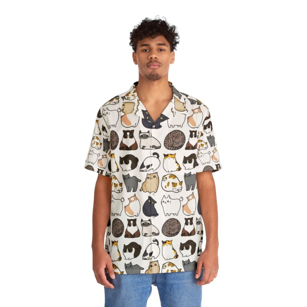 Colorful Hawaiian shirt featuring a vibrant cat print pattern - People Front