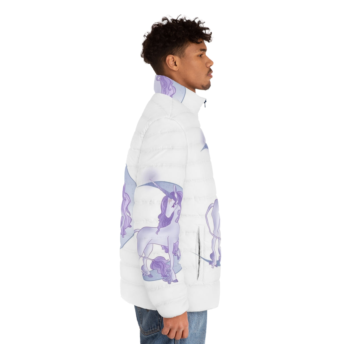 A white unicorn standing in the moonlight, wearing a magical moon puffer jacket - men side right