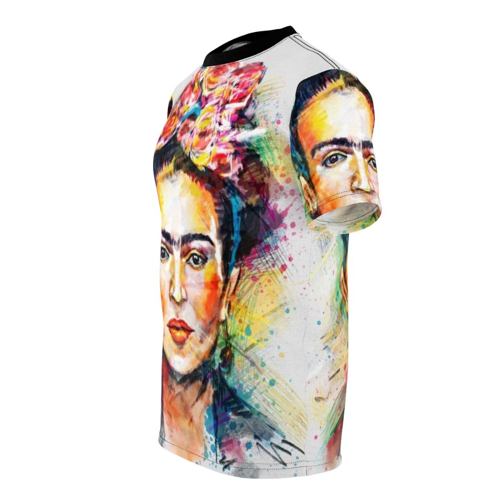 Colorful abstract portrait t-shirt design inspired by the iconic Mexican artist Frida Kahlo - men left