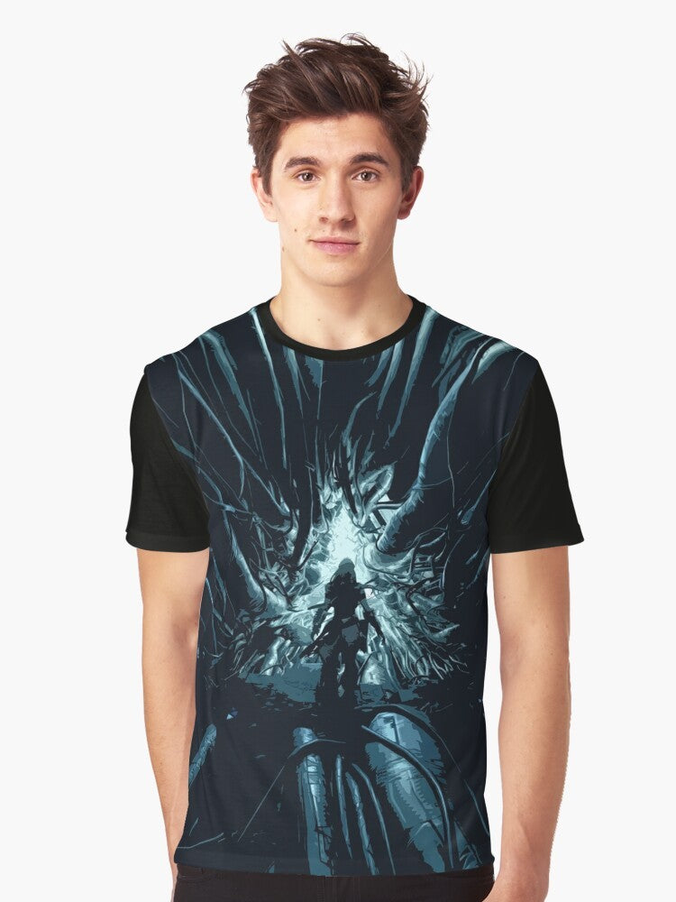 Horizon Zero Dawn Cauldron Graphic T-Shirt featuring Aloy and futuristic robotic elements - Men