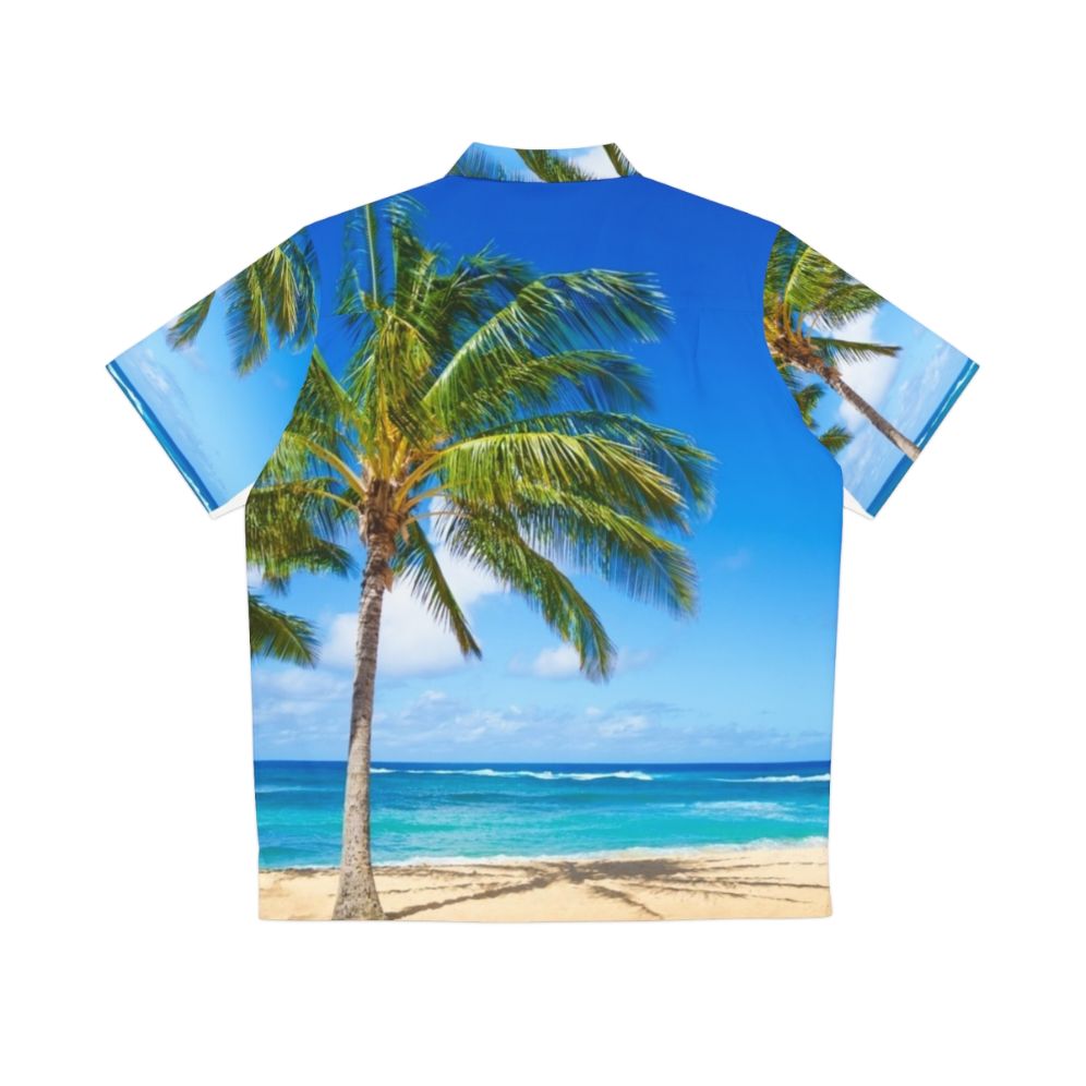 Tropical Hawaiian shirt with palm trees and sandy beach scene - Back