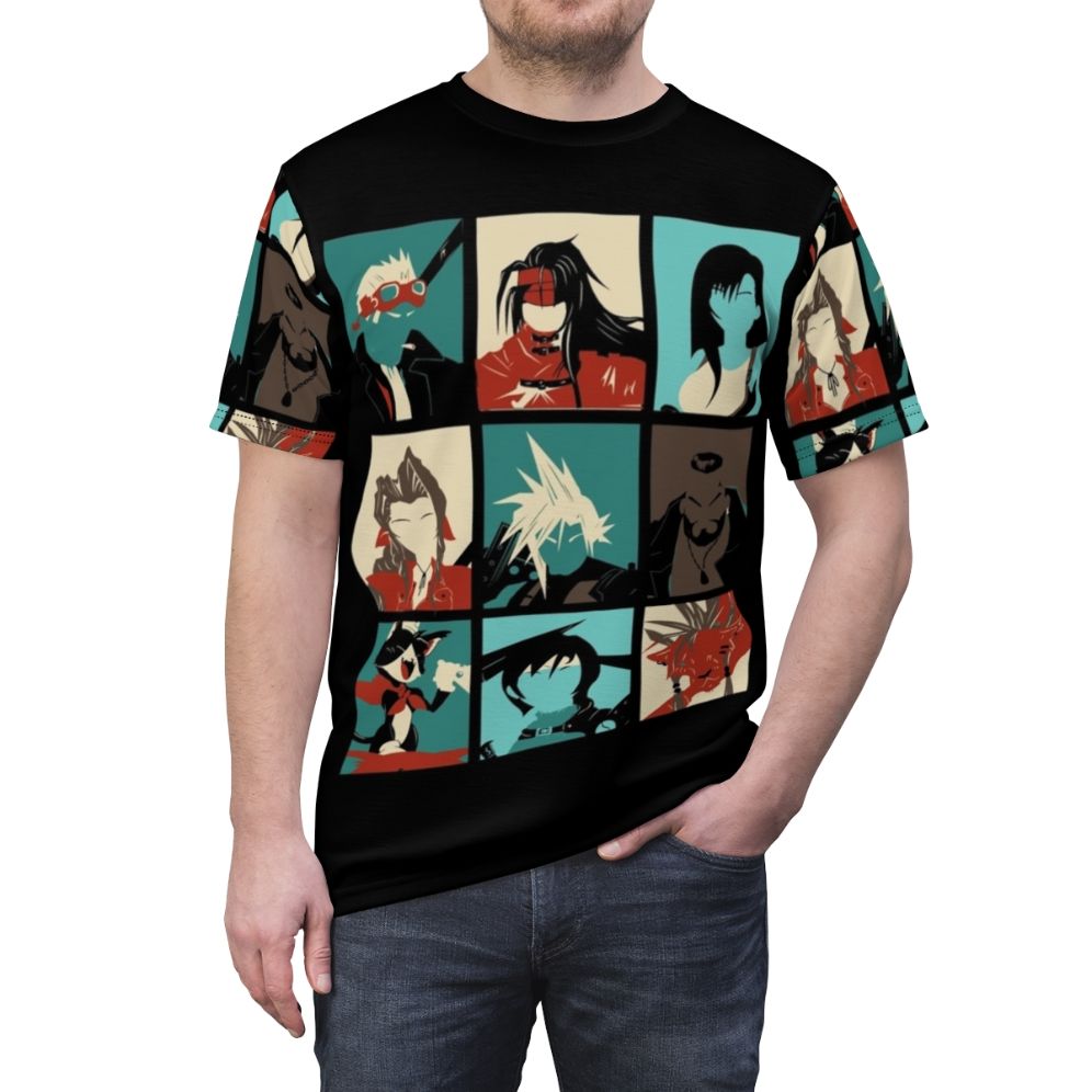 Vibrant fantasy art design featuring characters from the iconic Final Fantasy 7 game on a high-quality T-shirt. - men front