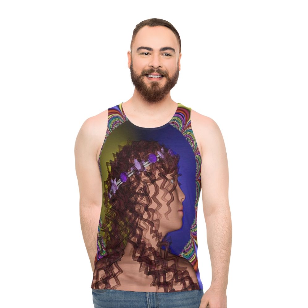 Romantic unisex tank top with nature-inspired psychedelic design - men