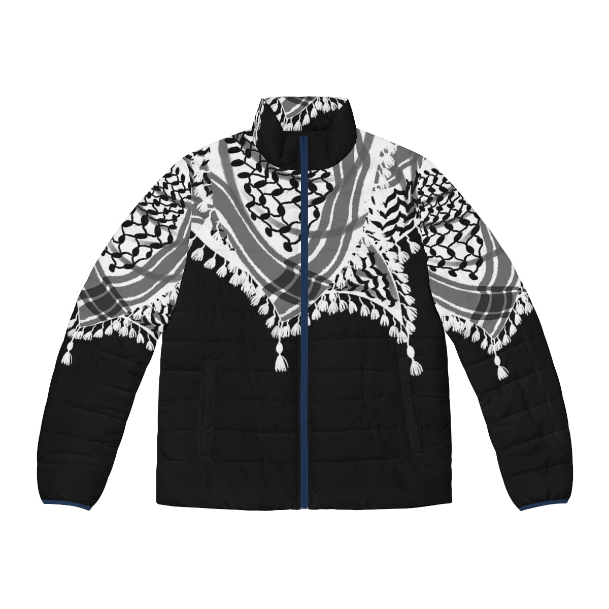 Keffiyeh-inspired puffer jacket with black and white Palestinian pattern