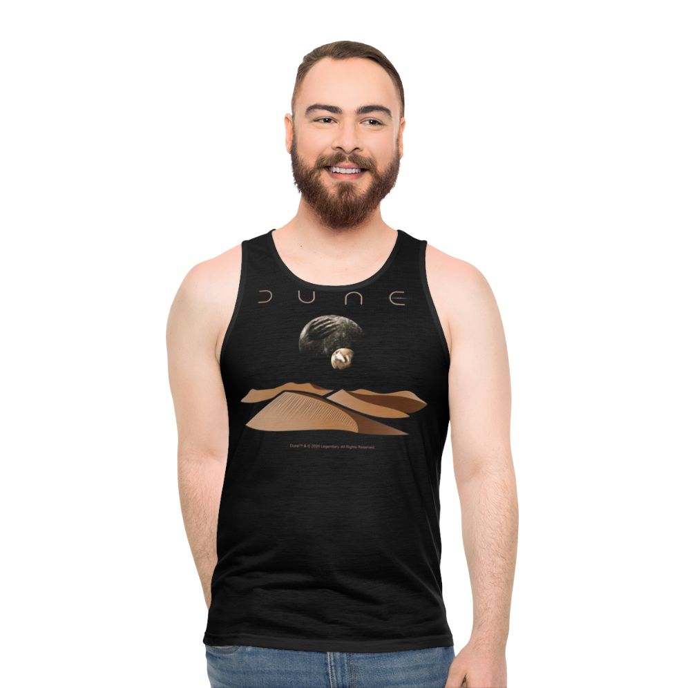 Dune landscape unisex tank top featuring the moons of Arrakis - men