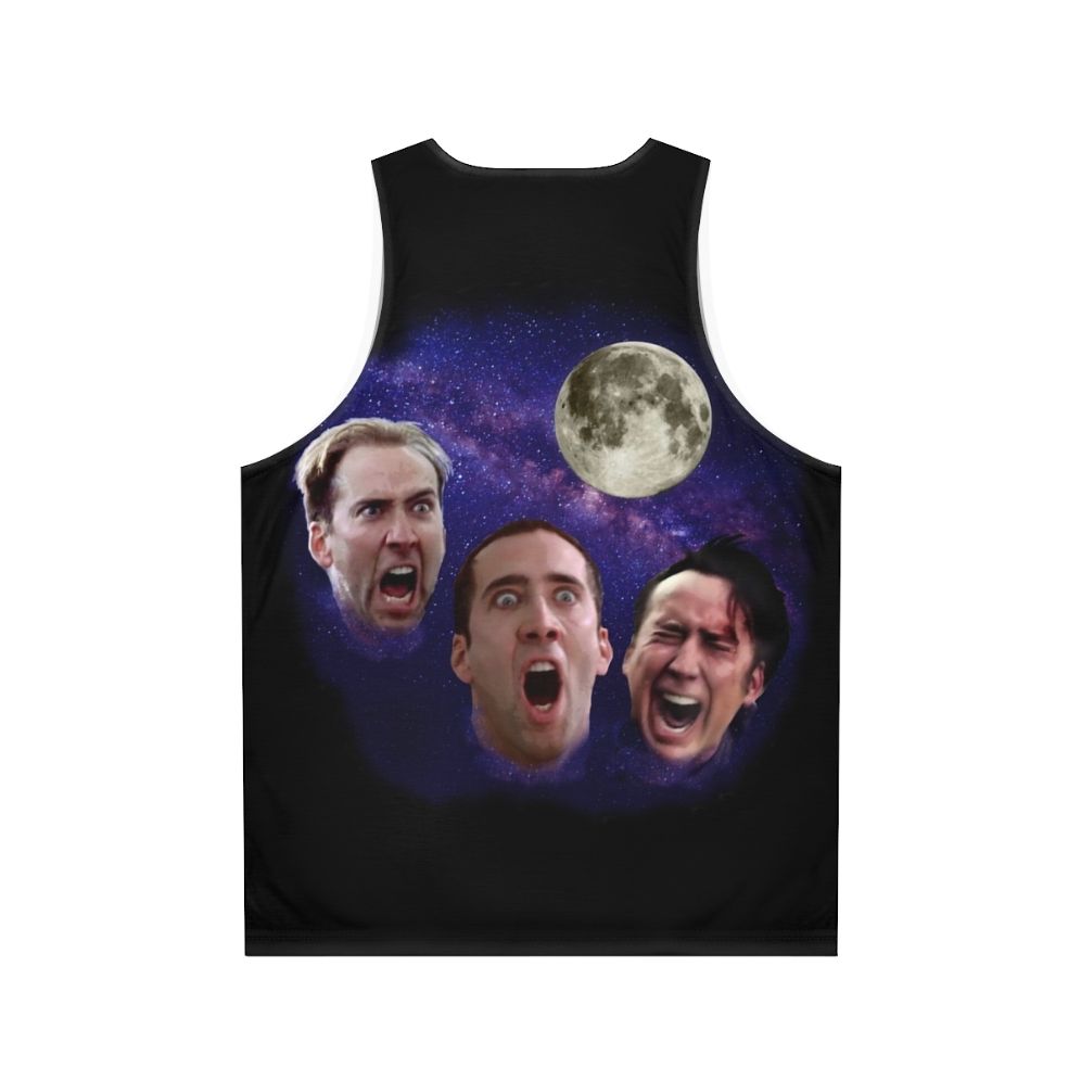 Unisex tank top featuring a Three Cage Moon meme design - Back