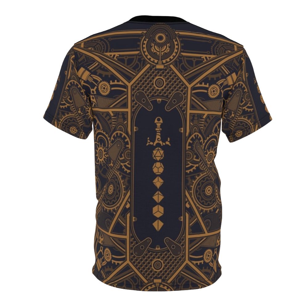 Steampunk-inspired t-shirt featuring polyhedral dice and a sword design - Back