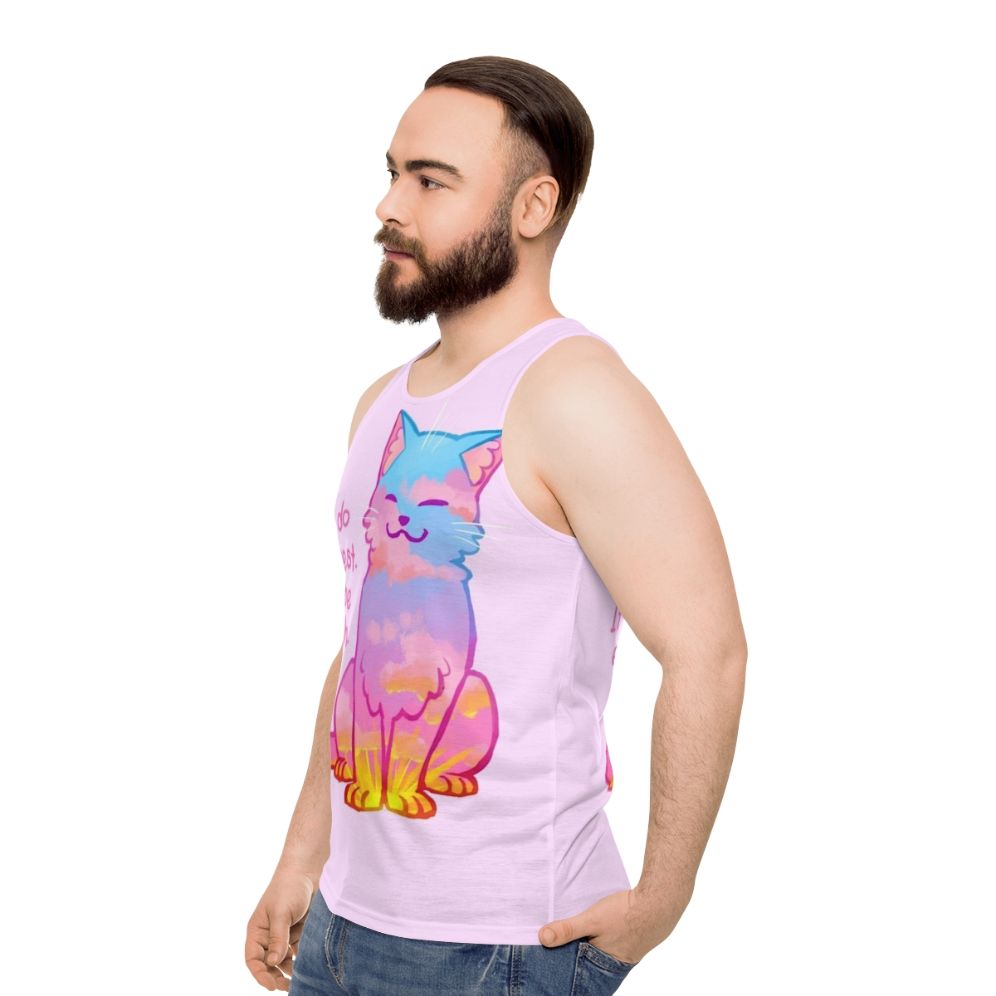 Sunset cat graphic on a unisex tank top with an inspirational affirmation - men side