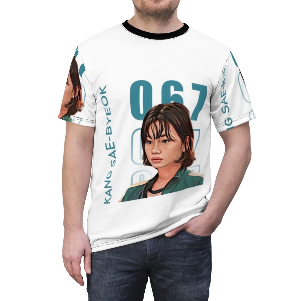 A high-quality, print-on-demand t-shirt featuring fan art inspired by the character Sae Byeok from the popular Netflix series Squid Game. - men front