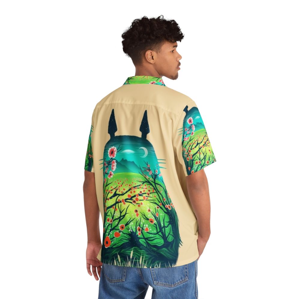 Anime-inspired Hawaiian shirt with a surreal, fantasy forest design - Flat lay