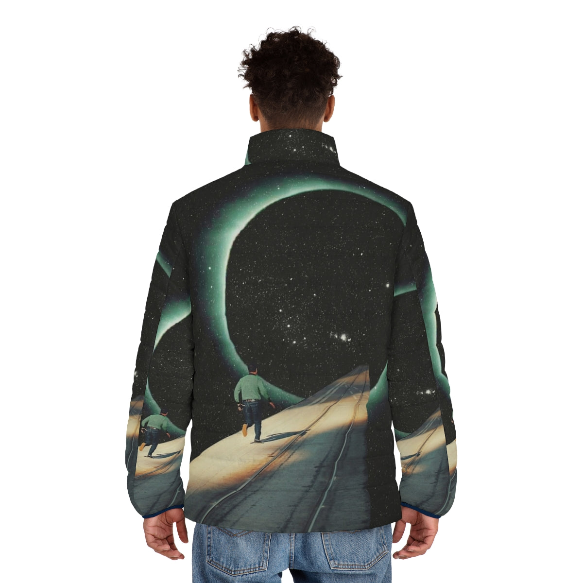 Puffer jacket with digital collage of space, planets, and a lone figure on a cosmic journey - men back