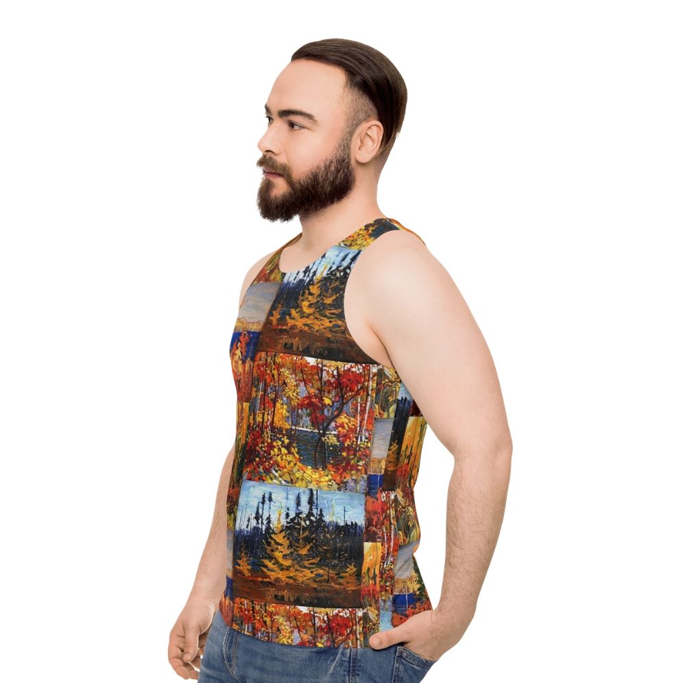 Unisex tank top featuring autumn foliage inspired by Canadian artist Tom Thomson - men side