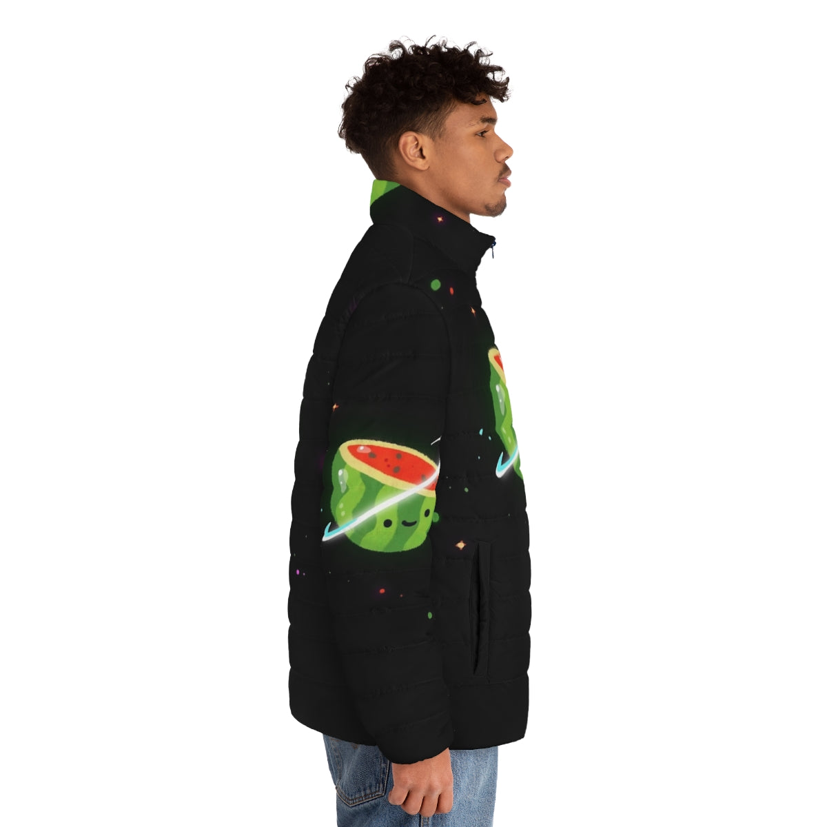 Spacemelon puffer jacket with kids character design and space-inspired graphics - men side right