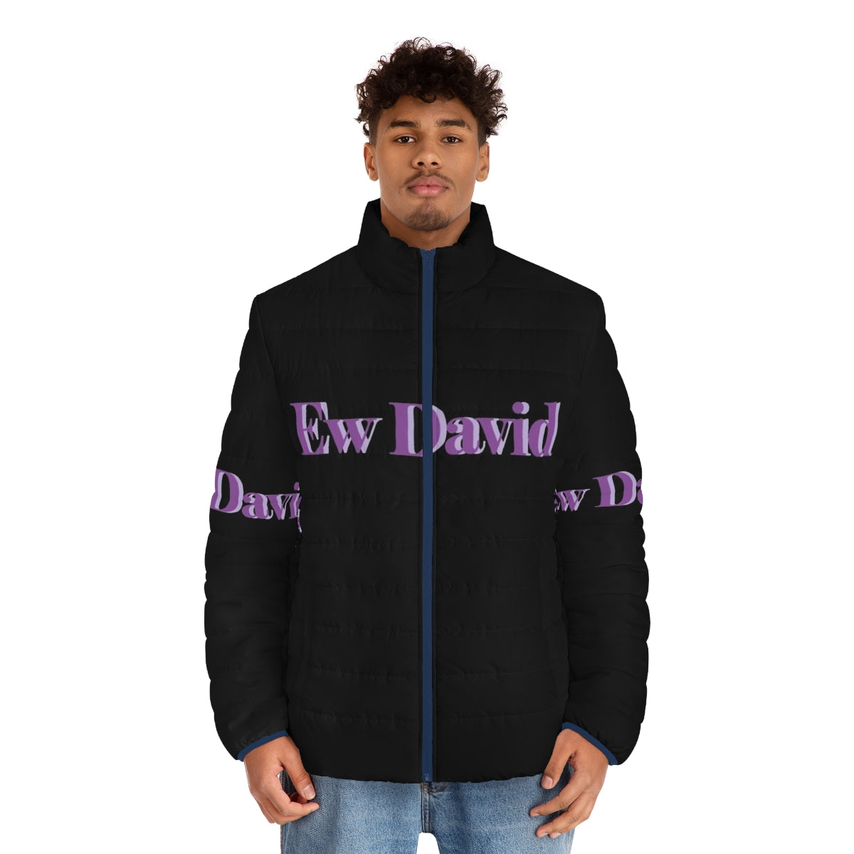 Schitt's Creek "Ew, David!" puffer jacket with David Rose's iconic catchphrase - men front