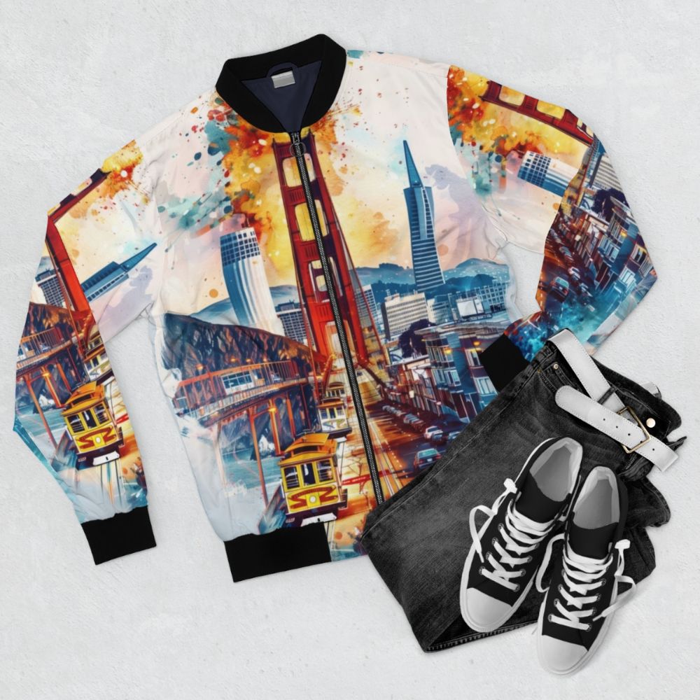 San Francisco Golden Gate Bridge and Cable Cars Bomber Jacket - Flat lay