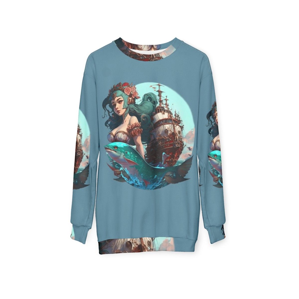 Mythical sea creatures sweatshirt featuring whimsical fantasy ocean beasts - hanging