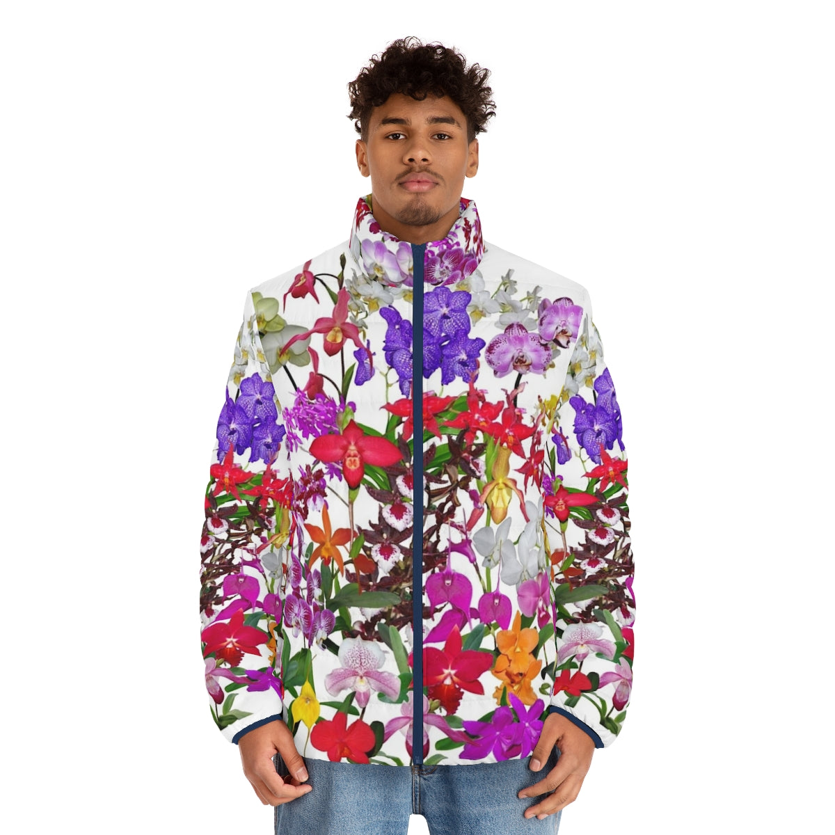 Orchid puffer jacket featuring vibrant orchid flowers in a digital photography design - men front