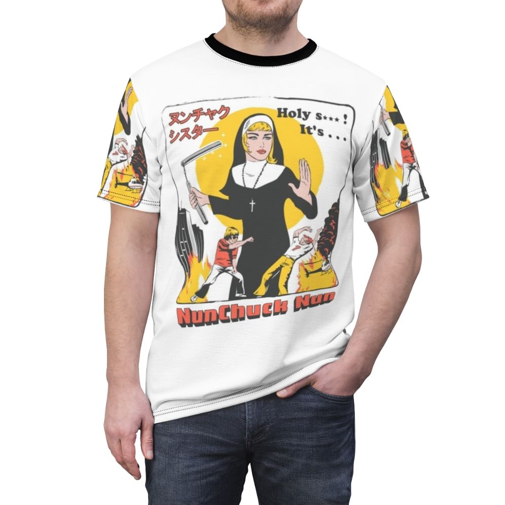 Nunchuck Nun graphic t-shirt design featuring a nun wielding nunchucks in a city setting - men front