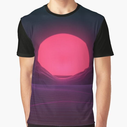 A vibrant neon sunset graphic t-shirt with retro 80s inspired landscape design.