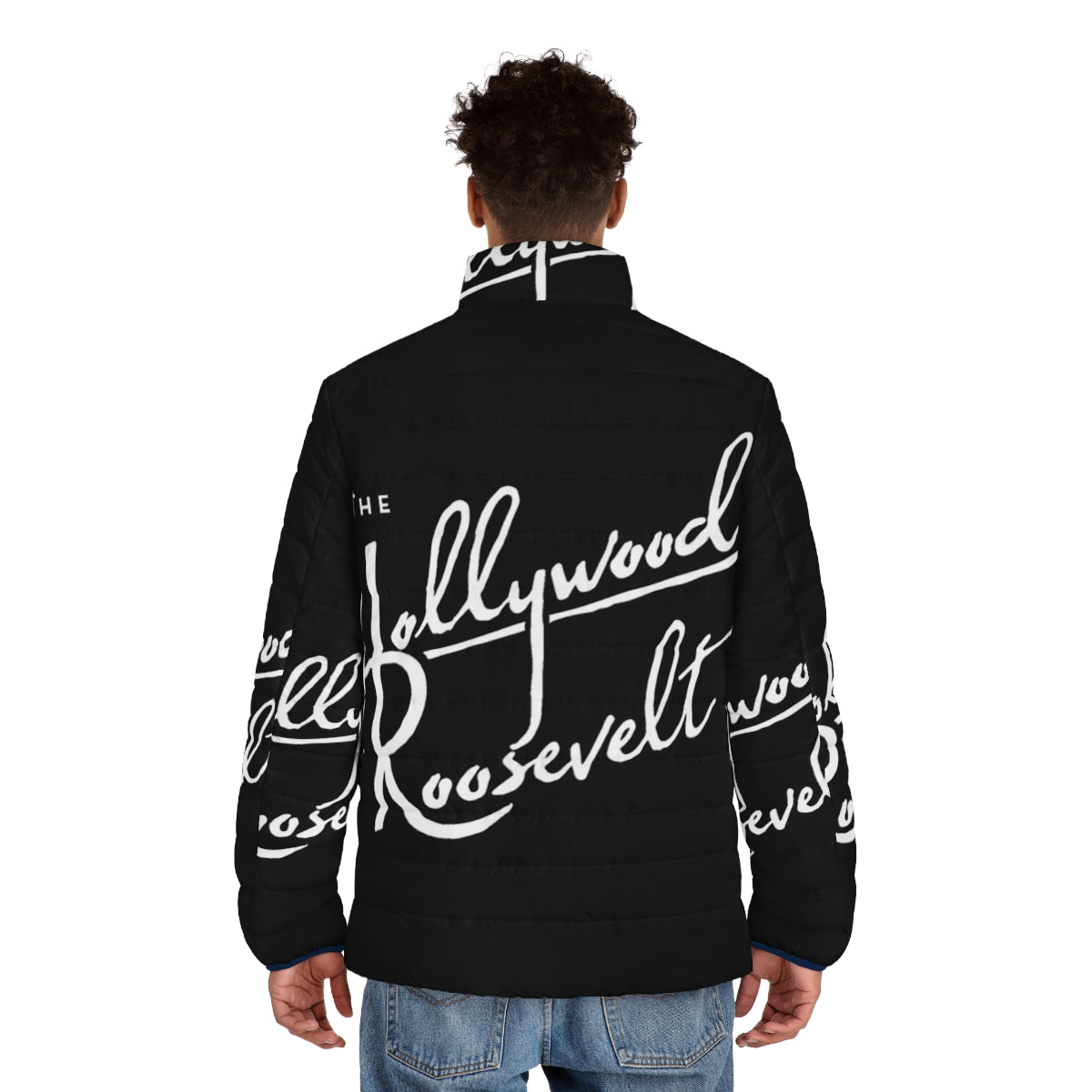 Stylish puffer jacket featuring the Hollywood Roosevelt design - men back