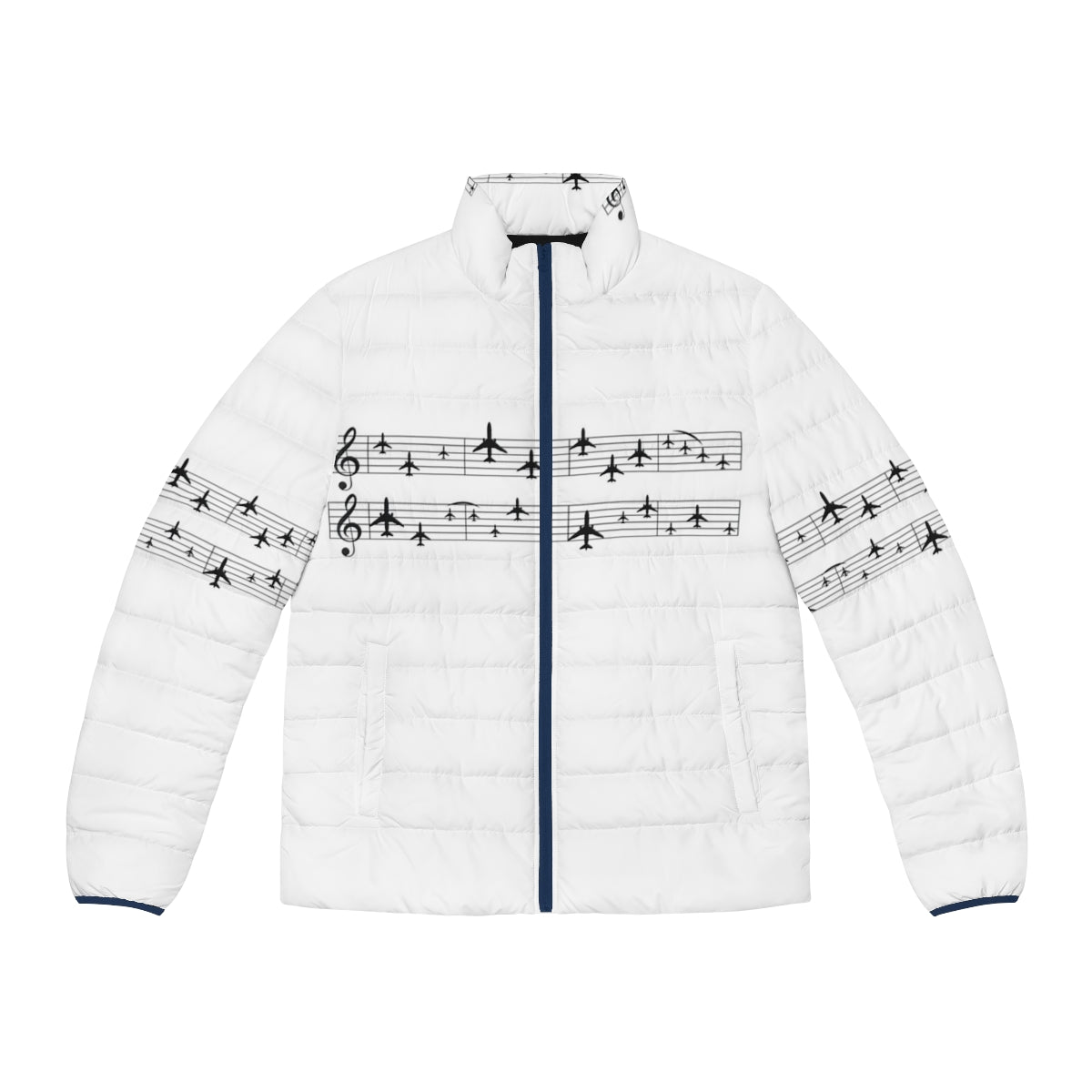 Puffer jacket with a music staff design and airplanes