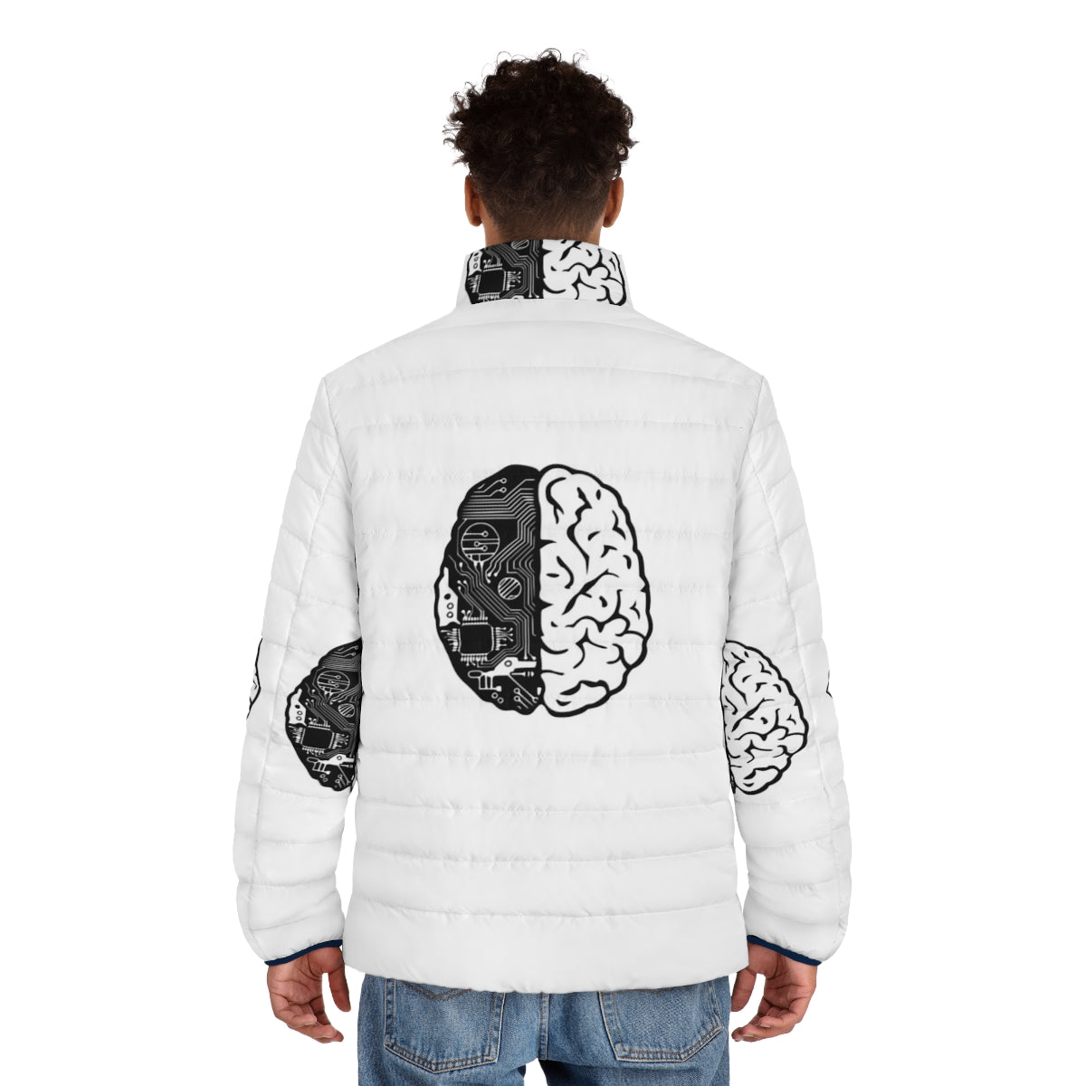 Coding Brain Puffer Jacket with binary code and programming-themed design - men back