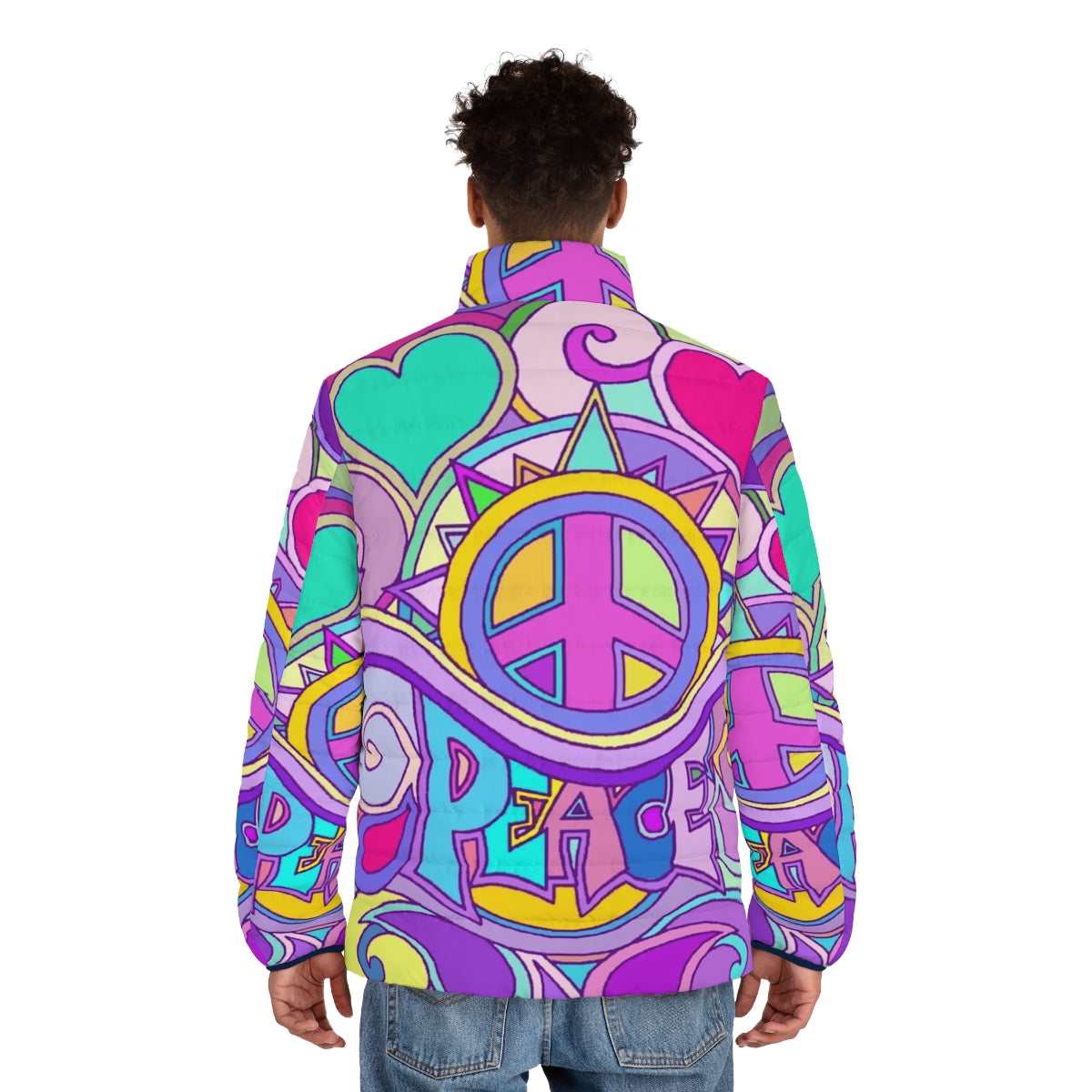 Colorful psychedelic retro puffer jacket with flower power graphics - men back