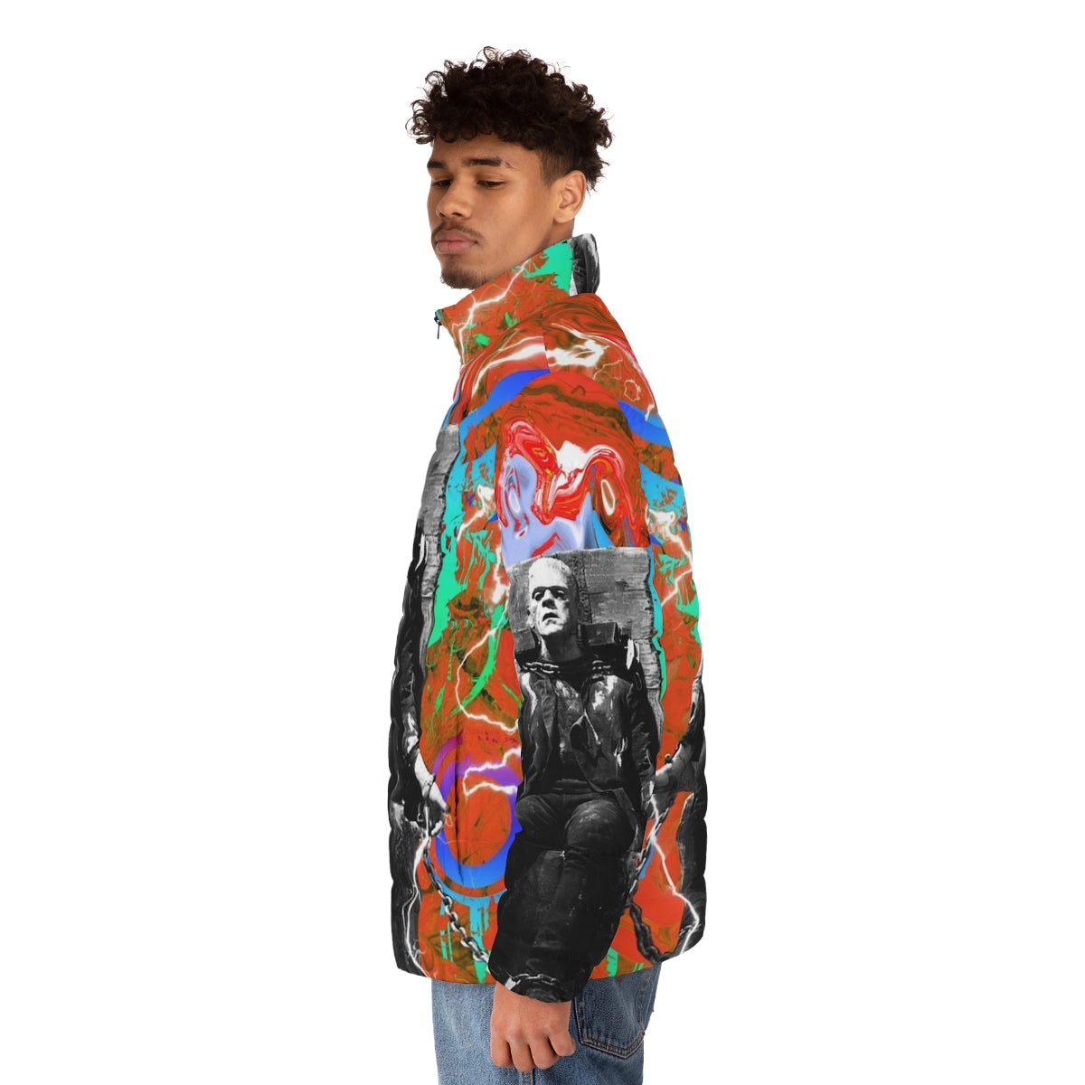 Frankenstein-inspired puffer jacket with a modern, colorful design - men side left