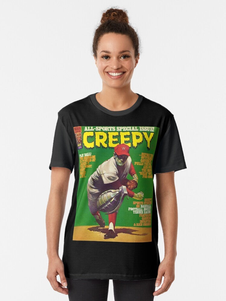 Vintage Creepy #84 Magazine Cover Graphic T-Shirt with Creepy Skulls, Monsters, and Vampires - Women