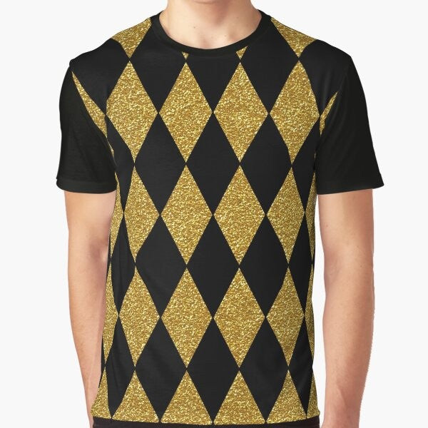 Model wearing a black and gold harlequin graphic t-shirt with a diamond pattern design