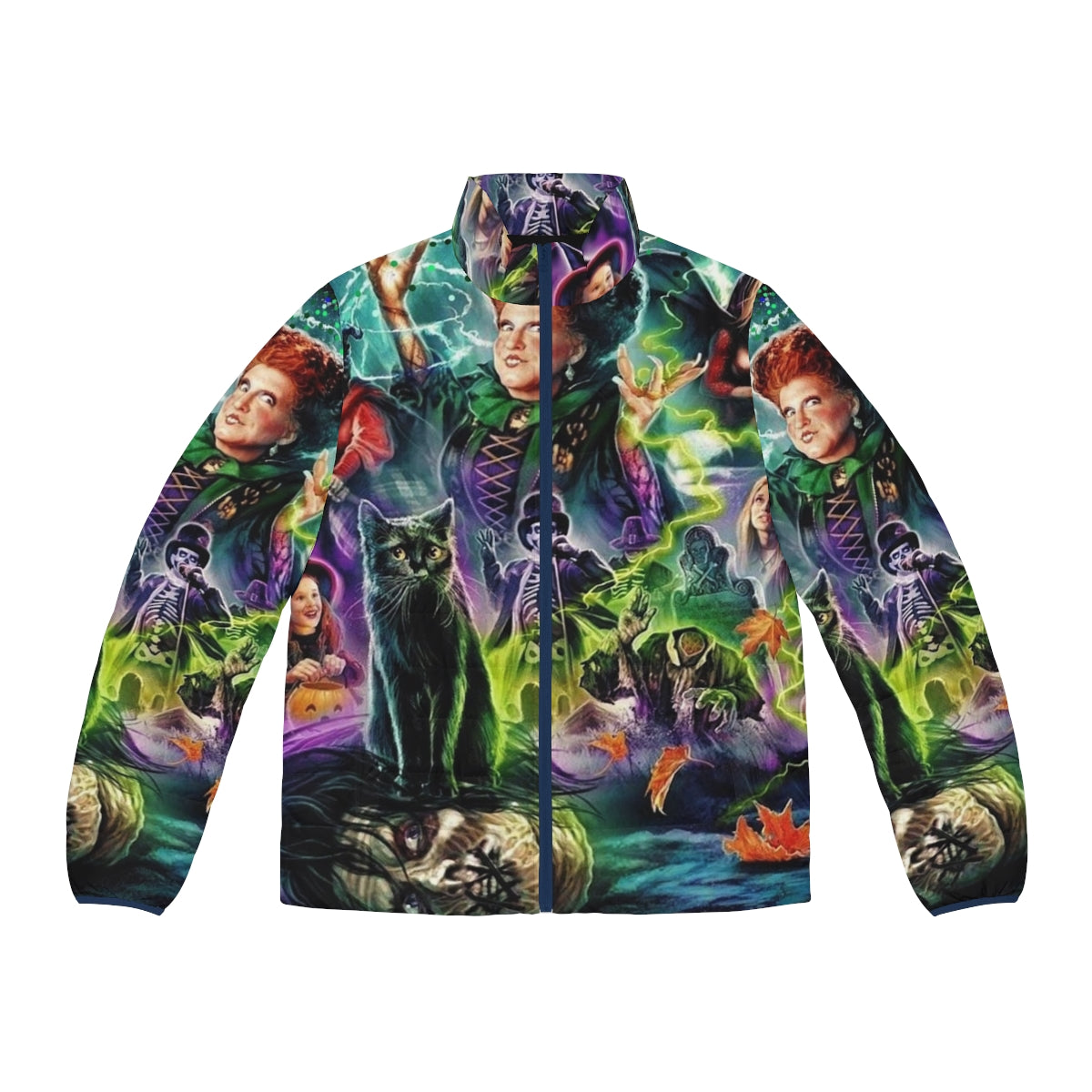 Hocus Pocus 1993 puffer jacket with witch, black cat, and other iconic imagery