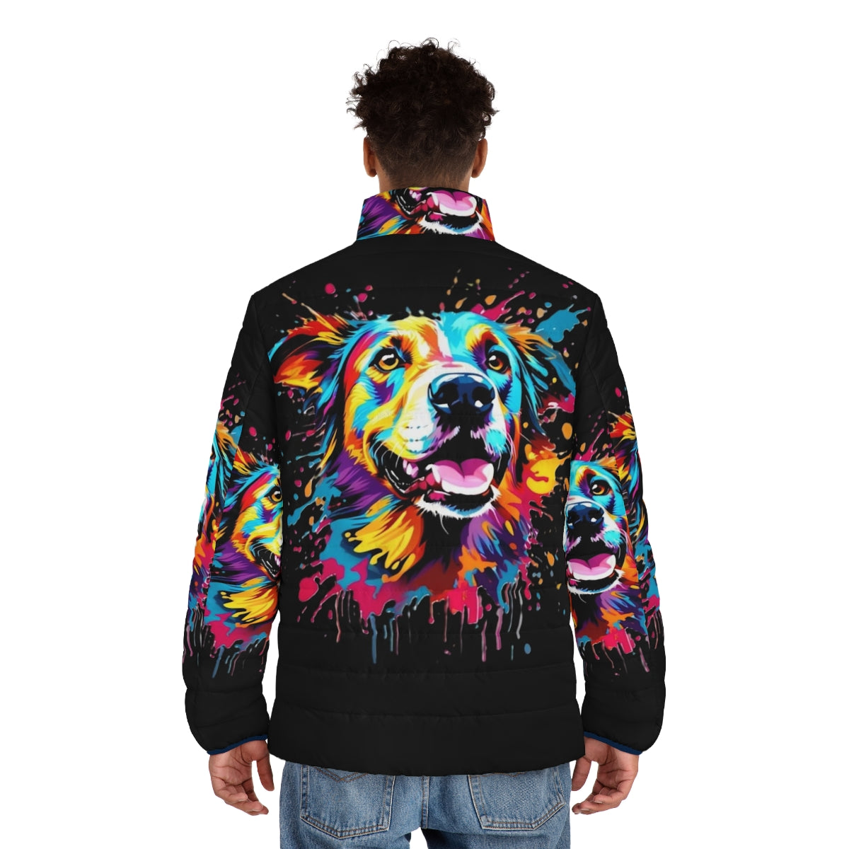 Colorful puffer jacket with a dog splash print design - men back