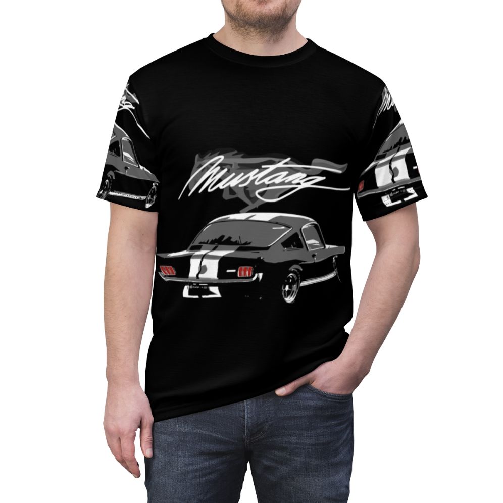 Stylized 1965 Ford Mustang Fastback muscle car graphic on a t-shirt - men front