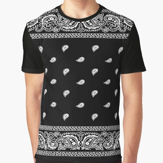 Black bandana graphic t-shirt with urban and western design elements