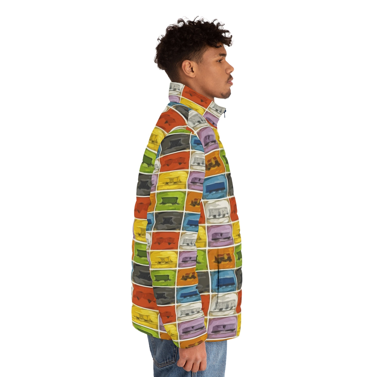 Puffer jacket with Ticket to Ride the Trains design, perfect for retro game enthusiasts - men side right