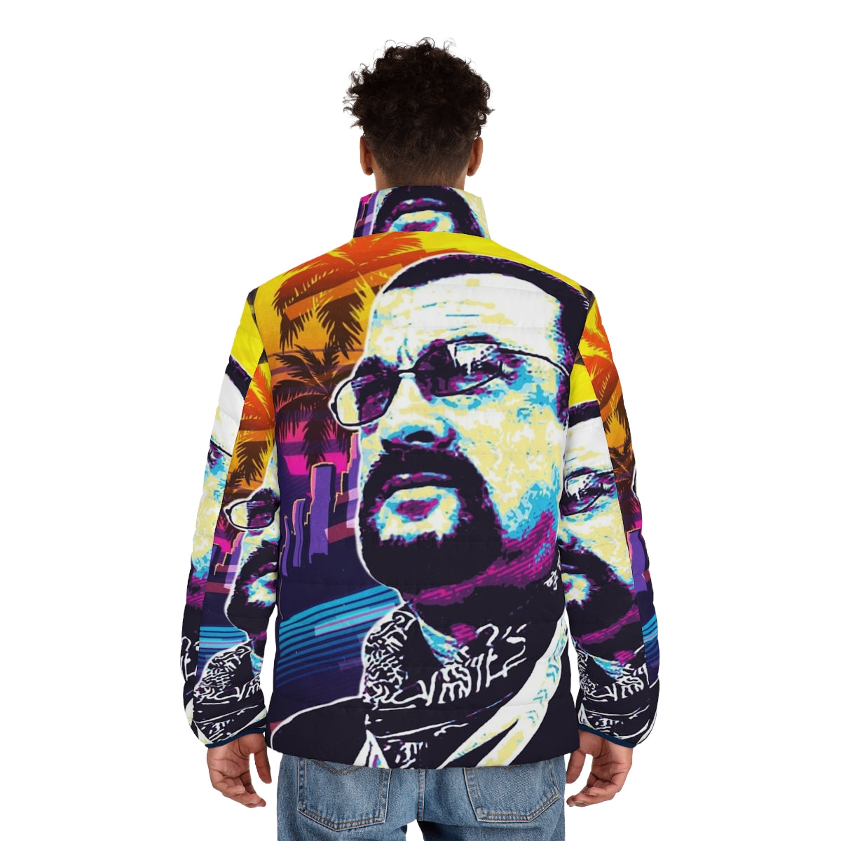 Steven Seagal wearing a puffer jacket with a focus on warmth and style - men back