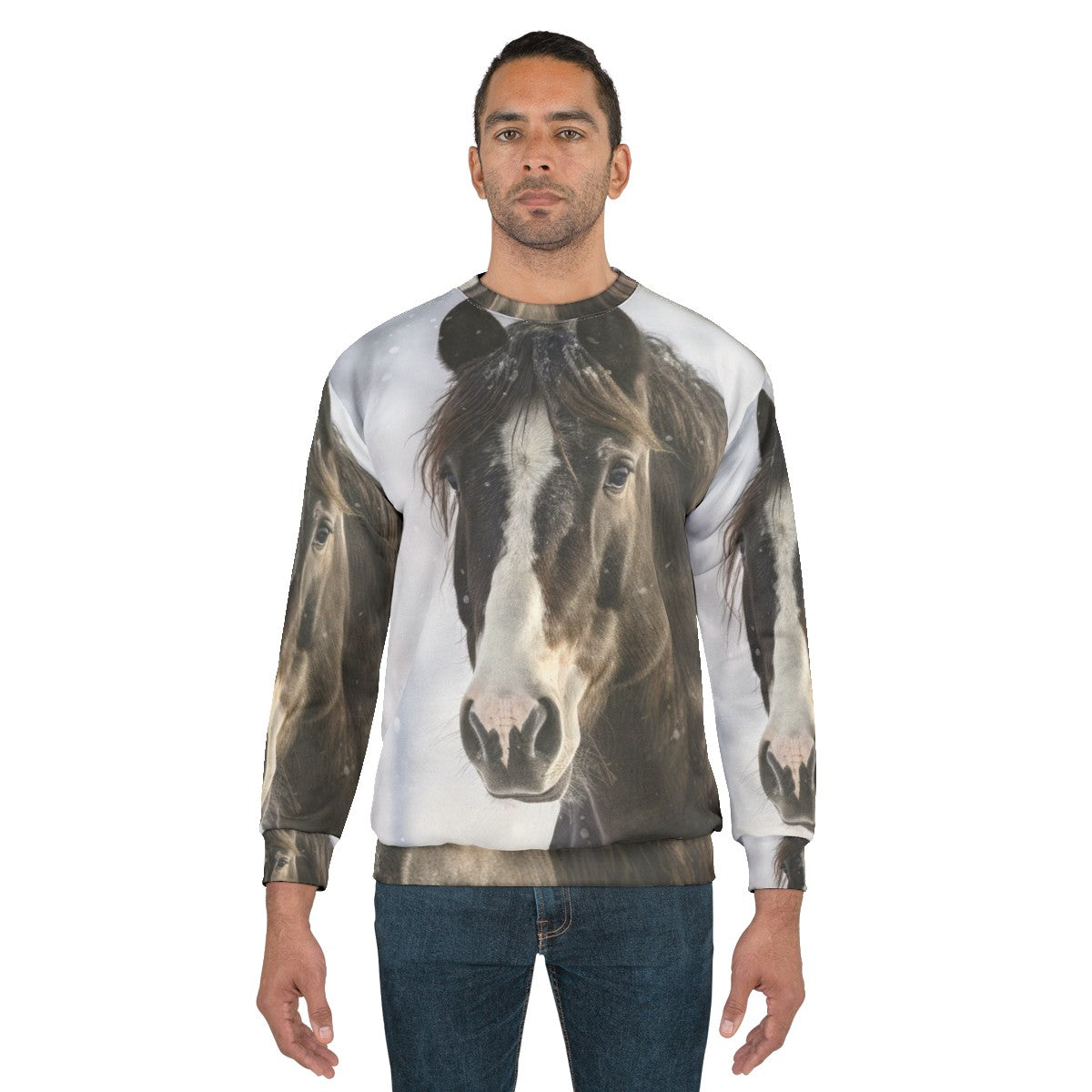 Black horse silhouette in winter scene on sweatshirt - men