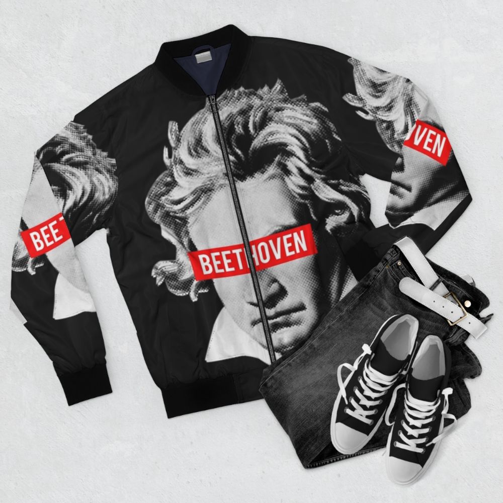 Beethoven Classical Music Bomber Jacket with Halftone Design - Flat lay