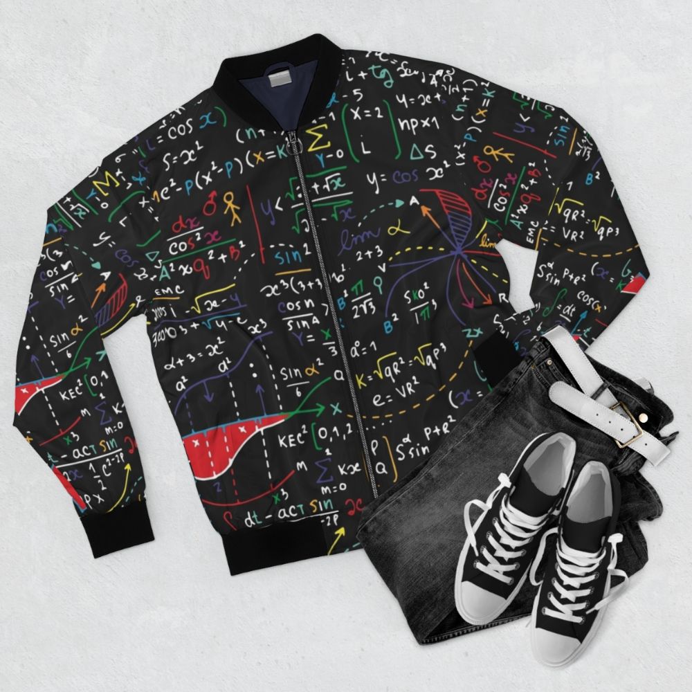 Geometry bomber jacket with shapes, formulas, and mathematical symbols - Flat lay