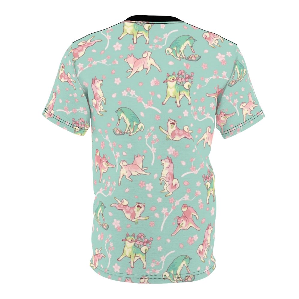 Shiba inu-inspired t-shirt with a sakura and matcha-themed floral pattern in mint green - Back