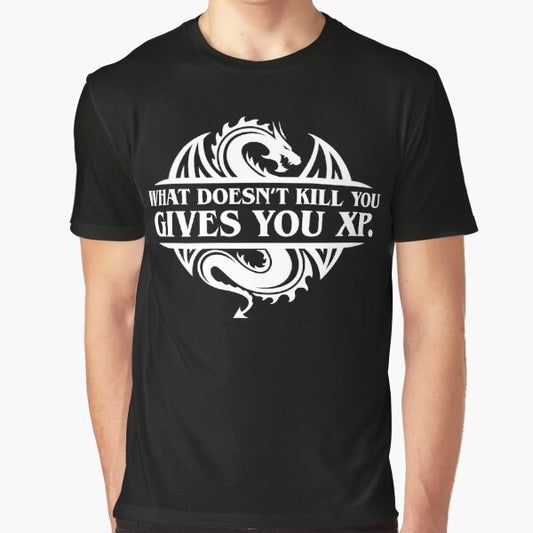 Dungeons and Dragons themed t-shirt with the text "What Doesn't Kill You Gives You XP" and fantasy gaming elements.