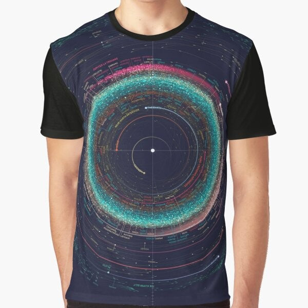 Asteroid Map of the Solar System Graphic T-Shirt featuring an infographic-style design of the planets, moons, and asteroids in the solar system.