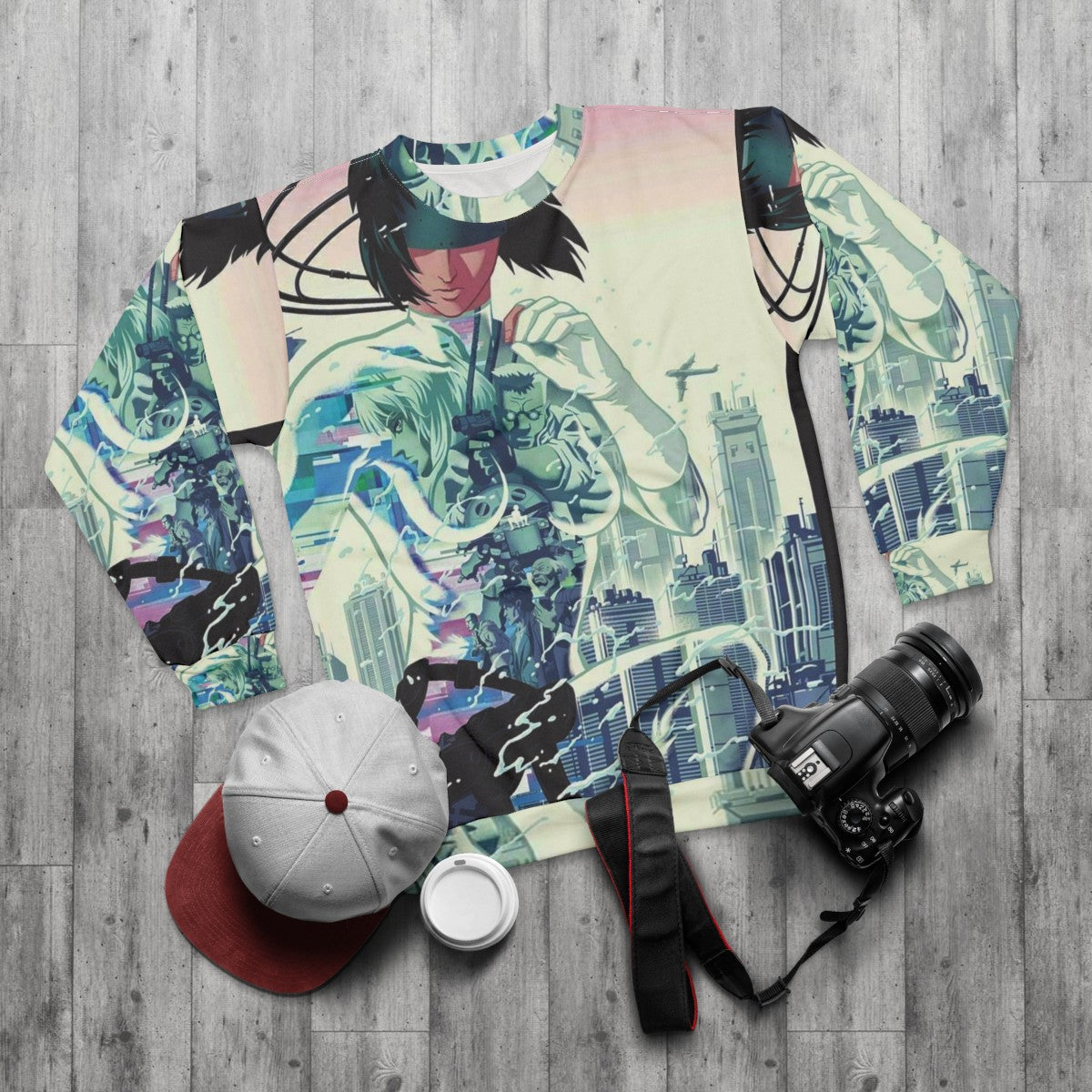 Ghost In The Shell Anime Sweatshirt Featuring Masamune Shirow's Iconic Artwork - flat lay