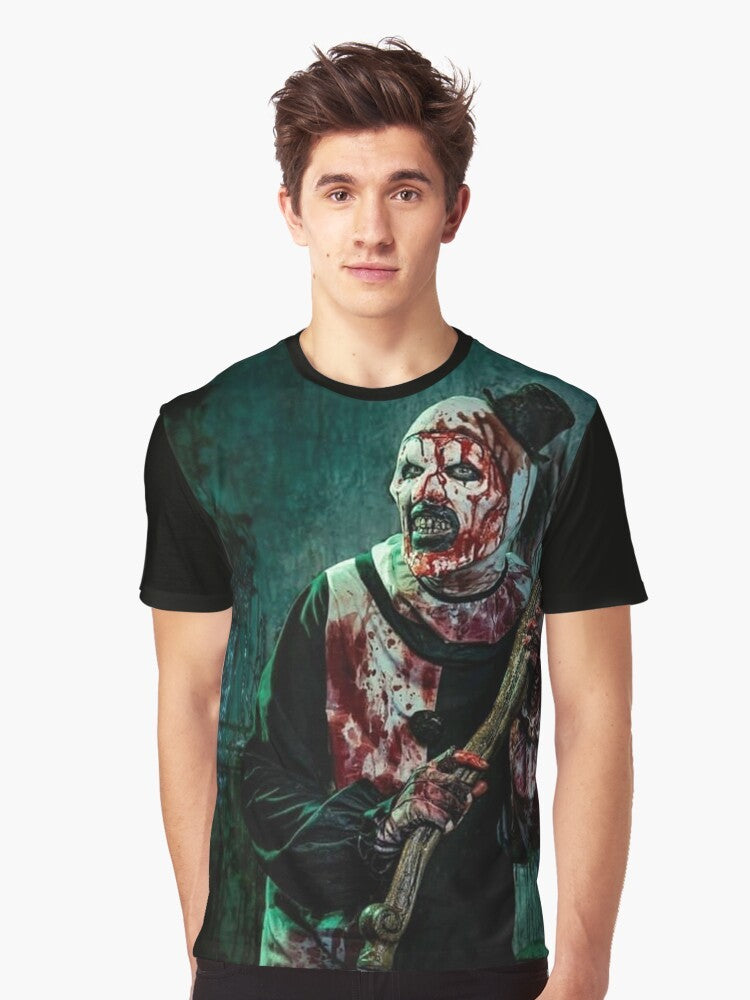 Terrifier 2 horror movie graphic t-shirt featuring Art the Clown, a terrifying clown character from the Terrifier film series. - Men