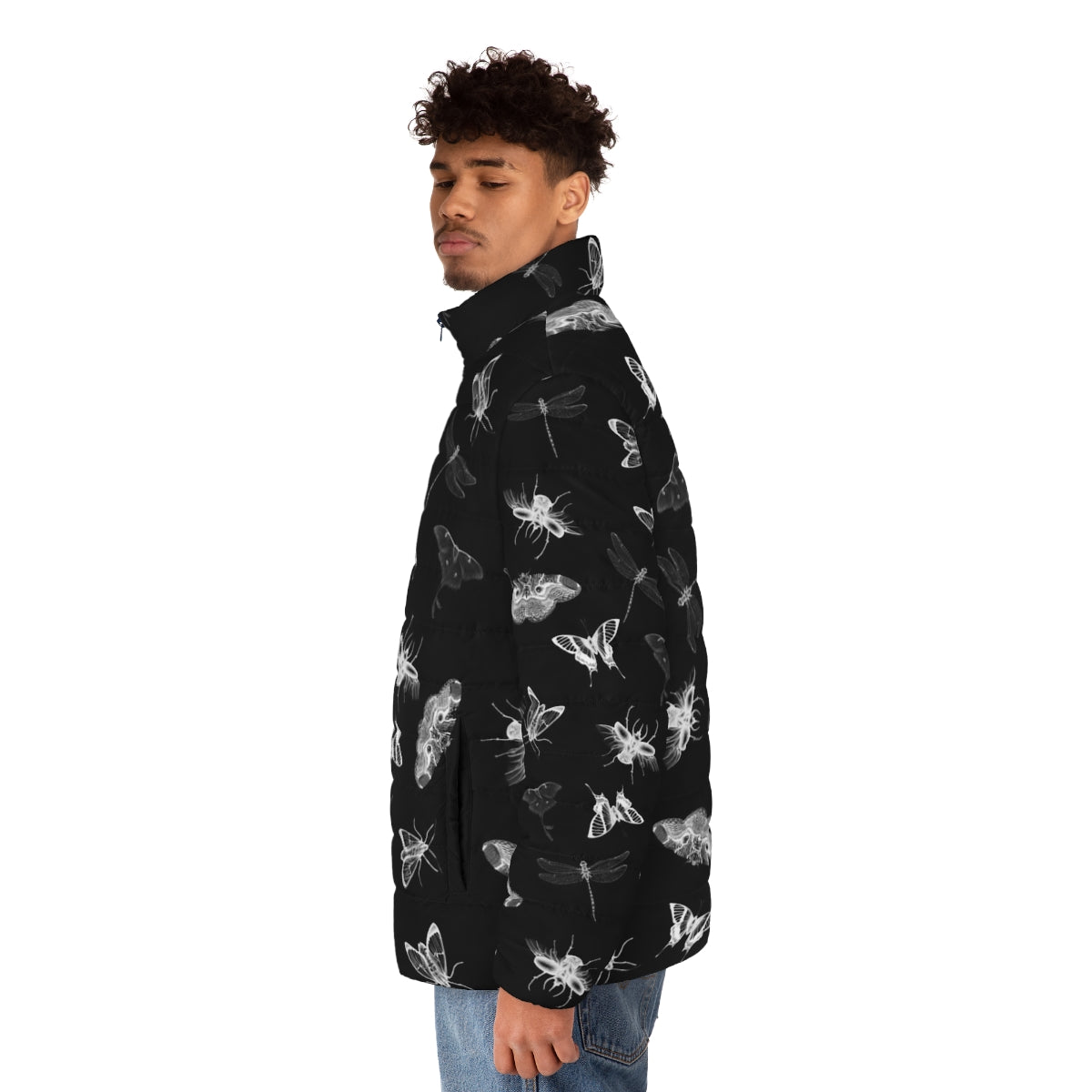 Puffer jacket with a nightmare-inducing bug pattern design - men side left