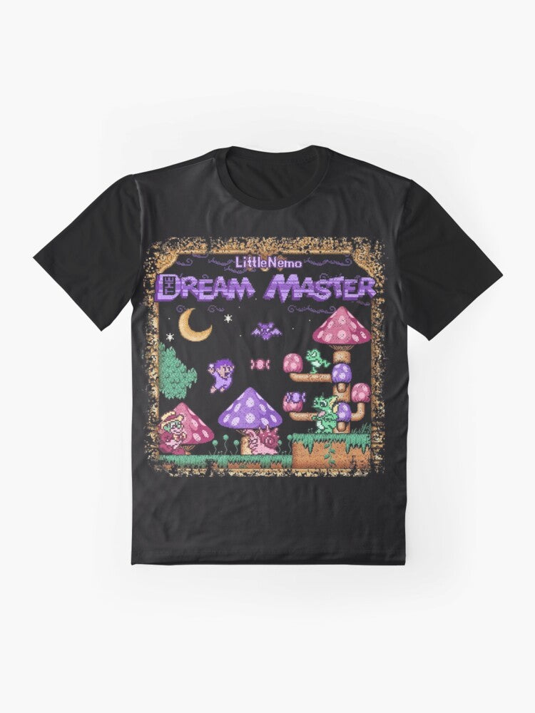 Retro 8-bit pixel art t-shirt design featuring Master Nemo, the dream master. - Flat lay